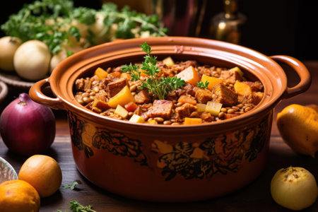 vegan cholent in a terracotta pot, created with generative aiの素材