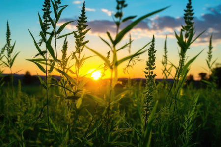 silhouette of absinthe plants in a field against the sunset, created with generative aiの素材