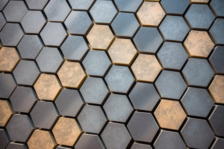 close-up of interlocking hexagon-shaped tiles, created with generative aiの素材