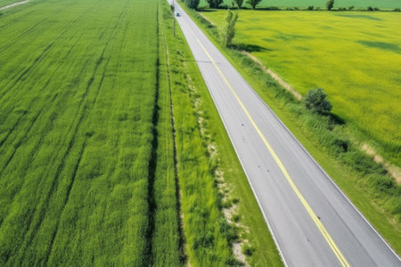 asphalt road covered by roadside grass, created with generative aiの素材