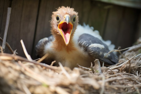 a hatchling waiting in a nest with an open beak, created with generative aiの素材