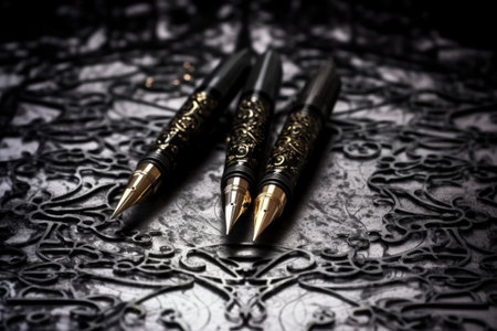 calligraphy pens placed on a beautifully textured black marble background, created with generative aiの素材