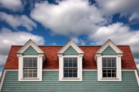close-up shot of the dormers of a cape cod house against a cloudy sky, created with generative aiの素材