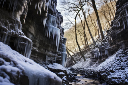a deep, shadowy cave canyon with icicles, created with generative aiの素材