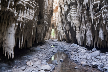 long cave canyon filled with stalagmites, created with generative aiの素材
