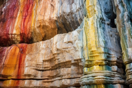 close-up of colourful rock formations inside a limestone cave, created with generative aiの素材