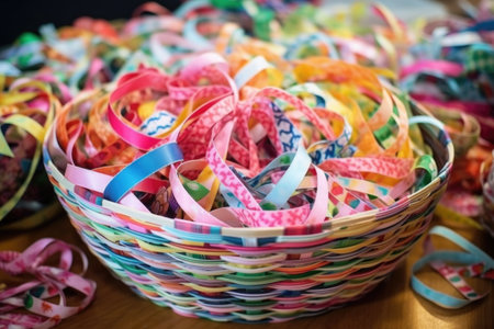 whimsically printed ribbons arranged in basket in the workspace, created with generative aiの素材