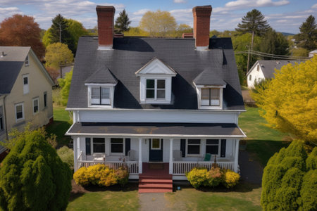 bird-eye view of a colonial house, highlighting dual chimneys, created with generative aiの素材