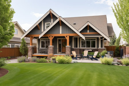 wide shot of craftsman by white central gabled house, created with generative aiの素材