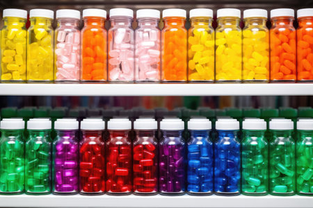 a row of colorful pill bottles on a pharmacy shelf, created with generative aiの素材