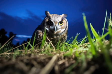 nocturnal owl hunting in vast, open field in dark, created with generative aiの素材