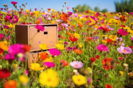 hive of honeybees buzzing around colourful wildflowers, created with generative aiの素材