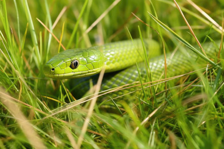 smooth green snake sliding through grass, created with generative aiの素材
