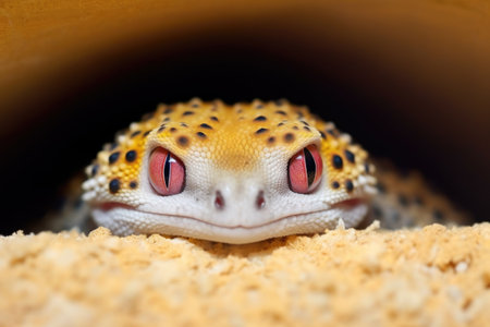 leopard gecko peeking out of a hideout, created with generative aiの素材
