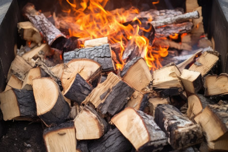 logs on fire, close-up in a pit, created with generative aiの素材