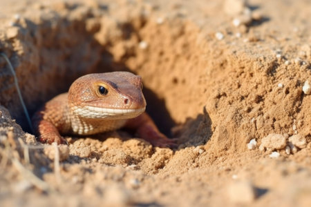 a worm lizard partway into a soil burrow, created with generative aiの素材
