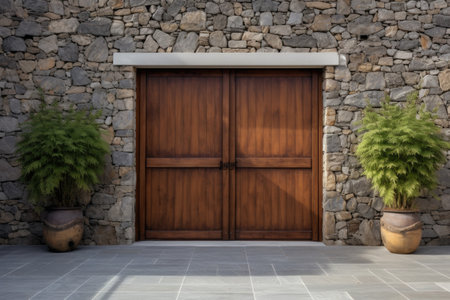 double wooden doors in a stone wall, created with generative aiの素材