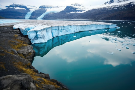 glacier melting, water flowing into a nearby lake, created with generative aiの素材