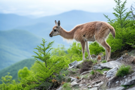 llama grazing on a mountainous terrain with sparse vegetation, created with generative aiの素材