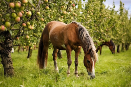 horse grazing peacefully in an apple orchard, created with generative aiの素材