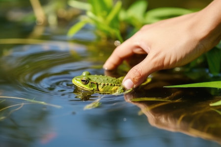 image of a hand releasing a frog near a pond, created with generative aiの素材