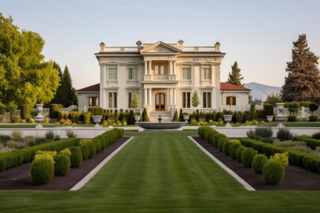 italianate with belvedere and manicured front yard, created with generative aiの素材