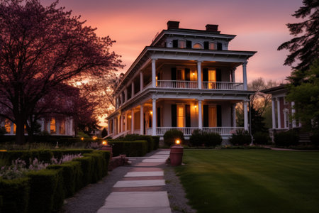 italianate mansion with deep eaves at sunset, created with generative aiの素材