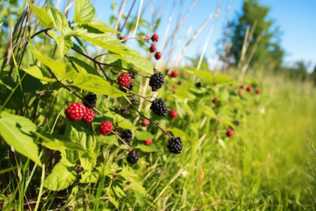 wildberries growing at the edge of a meadow, created with generative aiの素材