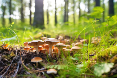 mushrooms growing in damp meadow space, created with generative aiの素材