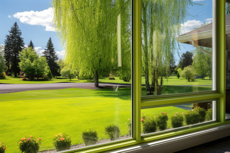 green lawn reflection in an oversized window, created with generative aiの素材