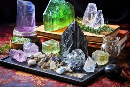 crystals, herbs and tarot cards, created with generative aiの素材