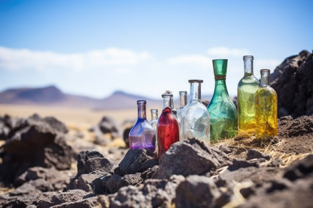 potion bottles near a volcanic steam vent, created with generative aiの素材