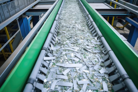 overhead view of a large conveyor belt with unused paper clips, created with generative aiの素材
