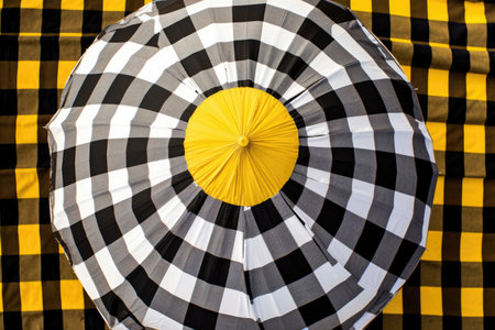 yellow, black, and white plaid umbrella viewed from above, created with generative aiの素材