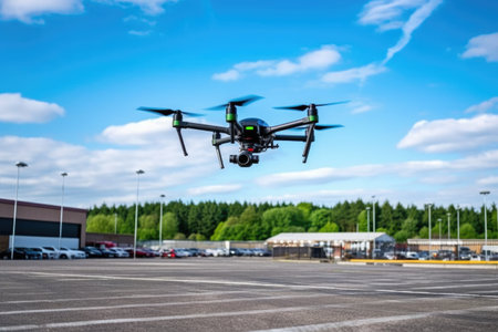a drone with camera flying over a car park, created with generative aiの素材