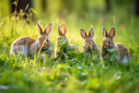 group of rabbits eating green grass in spring, created with generative aiの素材