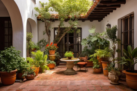 spanish revival style courtyard with terracotta pots, created with generative aiの素材