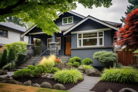 distinct wood and stone craftsman house framed by bushes, created with generative aiの素材
