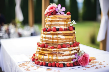 low angle shot of a towering unfinished wedding cake, created with generative aiの素材