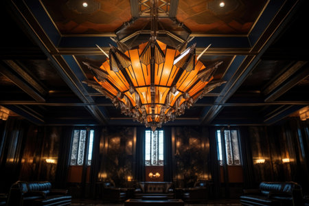 a shiny art deco chandelier hanging from a high ceiling, created with generative aiの素材