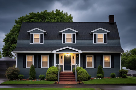 gray-shingled colonial revival house with a gambrel roof against a dark sky, created with generative aiの素材