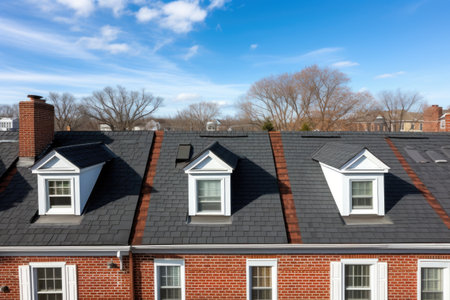dormers on the rooftop of a colonial brick house, created with generative aiの素材