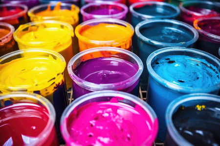 close-up of printer inks in cyan, magenta, yellow, and black, created with generative aiの素材