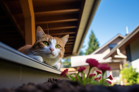 summer day, craftsman house, cat under eaves, created with generative aiの素材