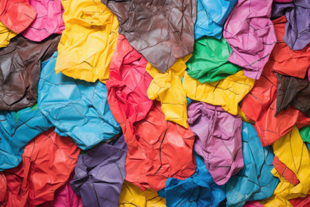 flat-lay of multicolored, crumpled wrapping paper, created with generative aiの素材
