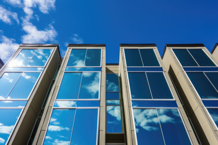 tall, shuttered windows reflecting blue sky, created with generative aiの素材