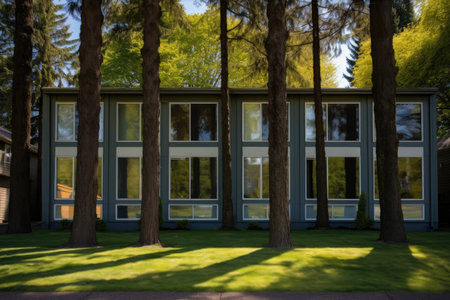 grove of trees in front of a house with tall, shuttered windows, created with generative aiの素材