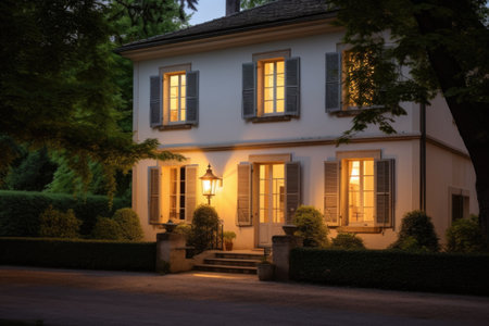 traditional french country house with tall, shuttered windows by a lantern-lit road, created with generative aiの素材