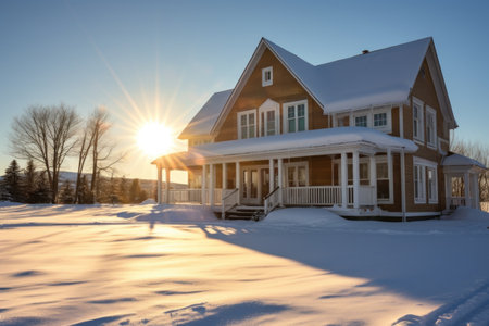 sun hitting the tall, shuttered windows of a snowy country house, created with generative aiの素材