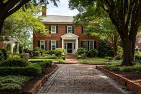 georgian house with red brick pathways, created with generative aiの素材